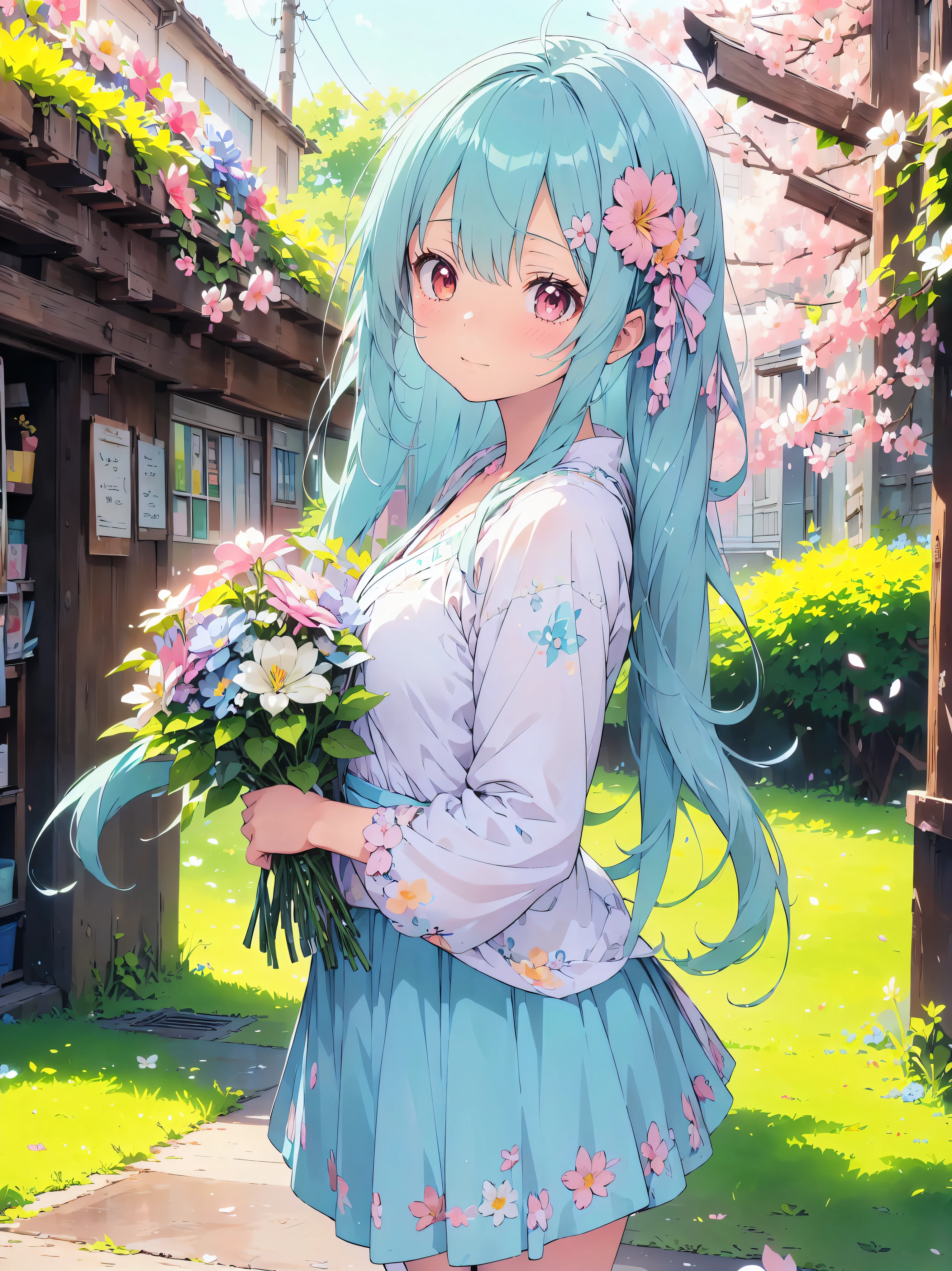 ((exquisite)), ((ultra detailed)), ((best quality)), Anime girl surrounded by flowers,  light blue hair, airy hair, (((A lot of colorful flowers))), cute顔, cute,  pastel color , caustics, super detailed skin, (anime moe art style:1.3),