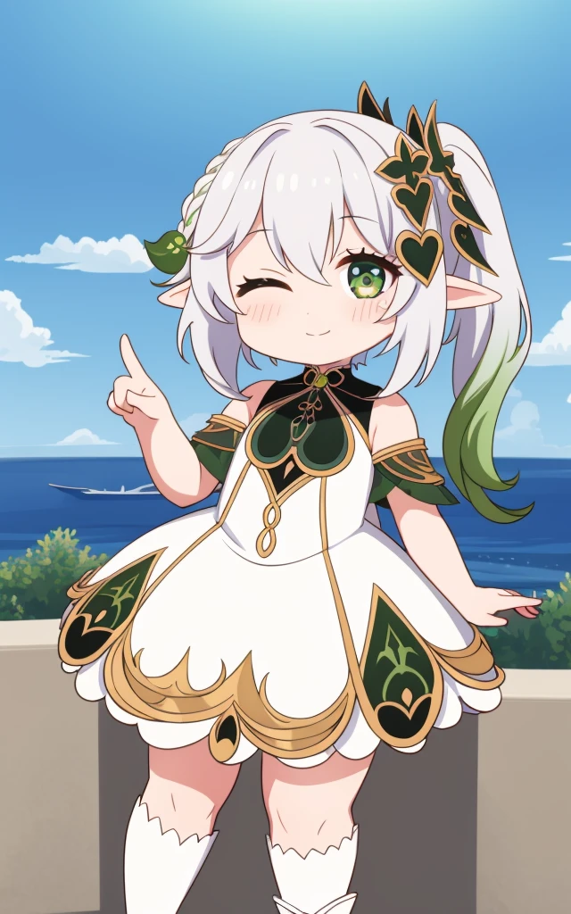 fullcg,Best quality,highest quality, 8k,Soft lighting, Confused, Looking at the audience, alone, smile, Knee socks,Nahida Genshin Impact | Character Lora 1283,((low length:1.5)),((chibi:1.5)),((little girl)),1girl,difficult,cowboy shot,Beautiful cityscape,(standing:1.6),(Front facing:1.5),(((pretty made costume))),((making a heart with fingers)),(((wink))),