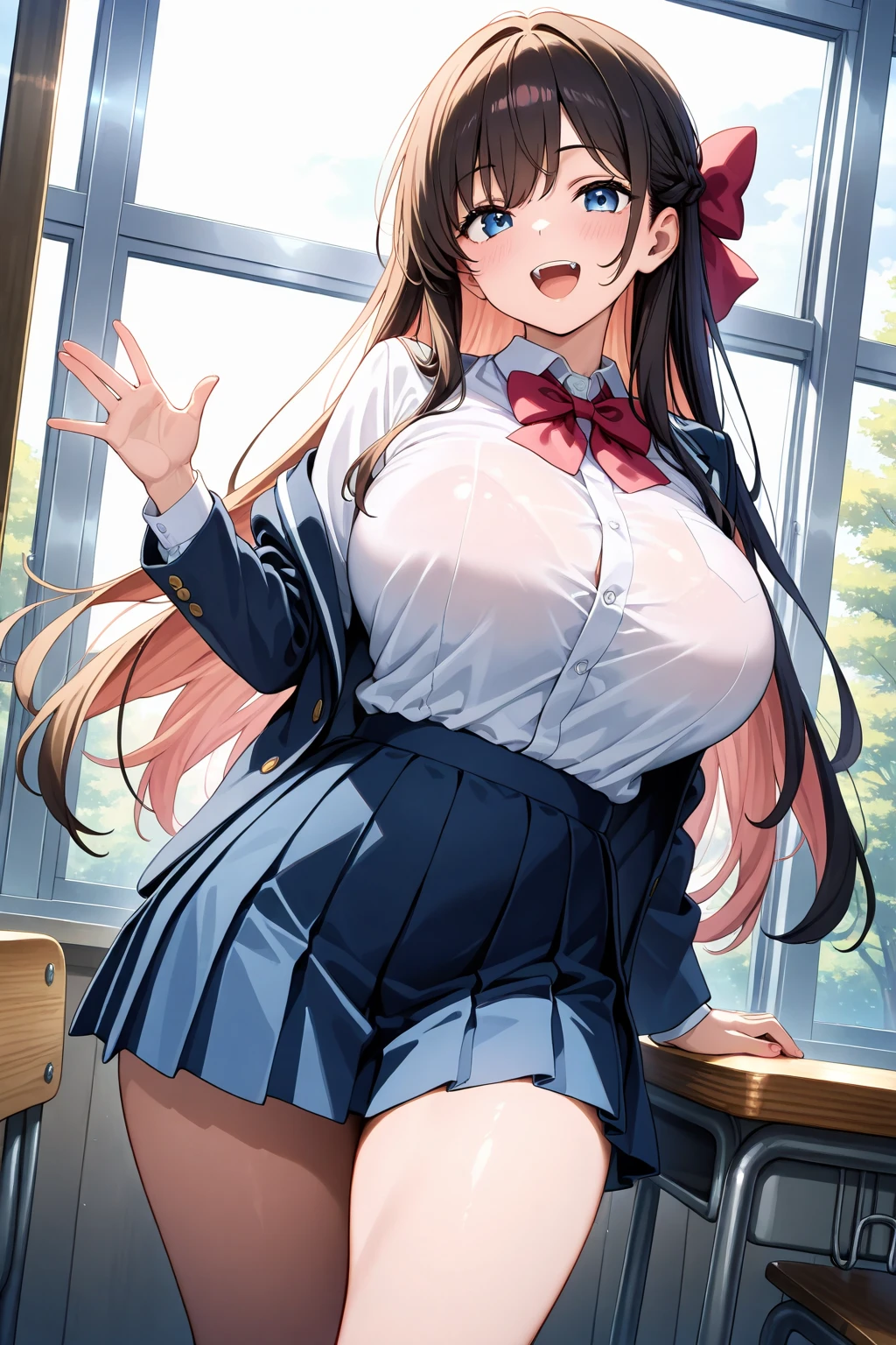 (masterpiece,highest quality,超A high resolution),japanese woman, (((Very beautiful 25 year old girl))), pretty girl、look at the photographer､  ((beautiful low ponytail)), super cute face, glossy lips, double eyelids in both eyes,natural smile、 natural makeup, long eyelashes, Shiny and smooth hair､center image,  perfect limbs, perfect anatomy,(((school uniform))、School,glasses,blush,lift up skirt