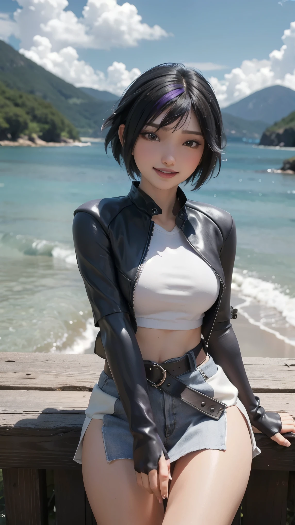 Gogo tomago,(best qualityer,4K,8k,high resolution,work of art:1.2)(weather: cloudy), Mondstadt bay background, wooden dock, sleeveless kimono top, long kimono sleeves, fingerless gloves, kimono belt, pleated mini skirt, thigh high tabi socks, wooden shoes, flower hair jewelry, cheek mole, short wavy hair, black hair with purple highlight, ultra detailed, realistic, portrait,beautiful detailed brown eyes, glowing eyes,blush,beautiful detailed lips,extremely detailed eye and face, long eyelashes,sexy,average, medium breasts,beaming smile, sexy smile, powerful girl, flirty pose, stunning curves, bright coloured, dramatic lighting, hair flying,