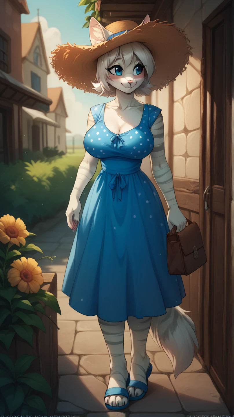 score_9, score_8_up, score_7_up, from the author: Iskra, 
  Anthropomorphic furry cat,   blue eyes  , white fur, white body,   long white hair  ,   huge breasts  , ( .3), blue polka dot sundress ,   straw hat  , Spanish village  ,   outdoor  ,   sunny day, , , a sweet smile . ,  style to blush, blue sandals 