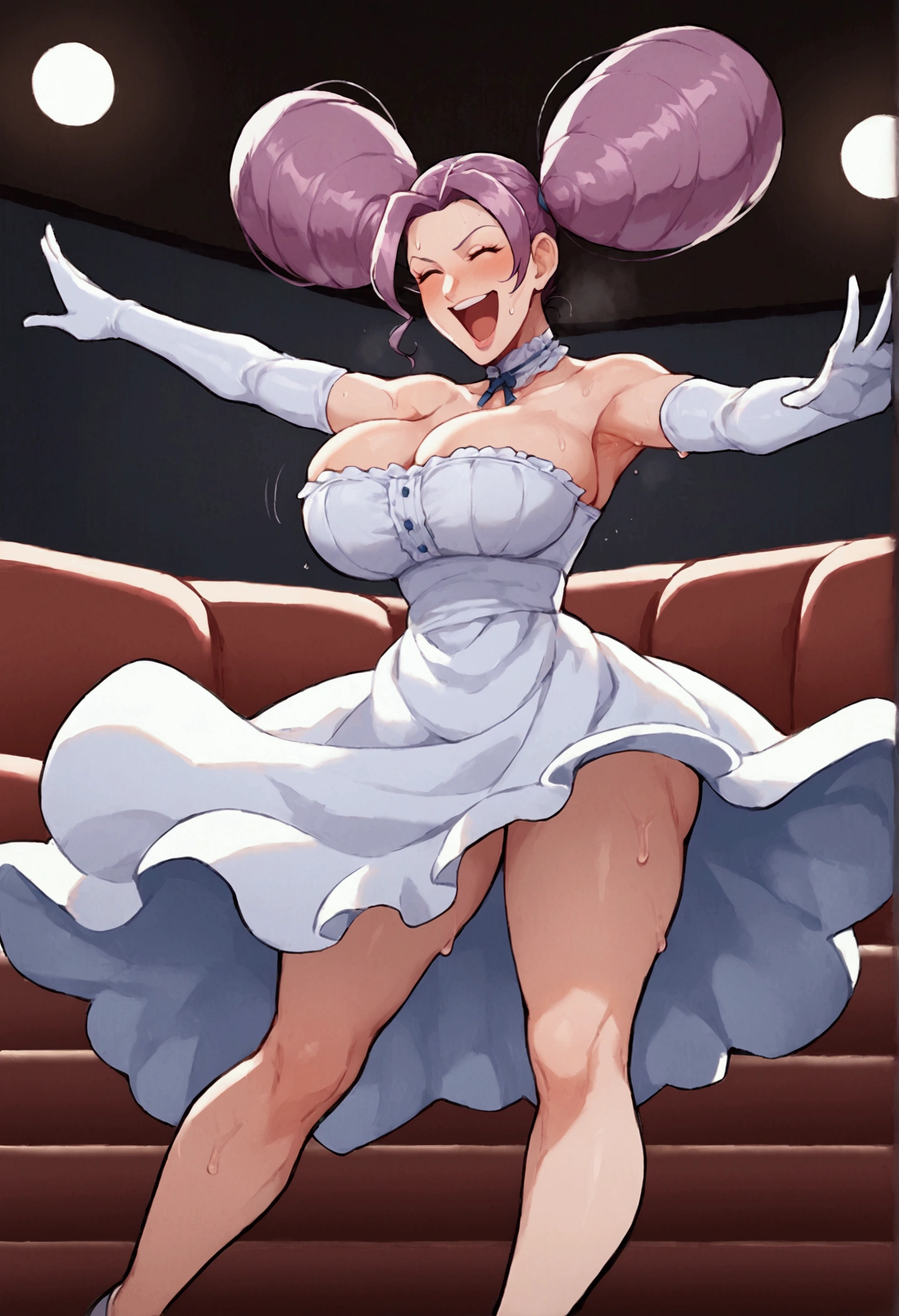 nsfw,score_9, score_8_up, score_7_up,  1 girl , blush,solo,Fantina, Dirndl ,sweat,Tall, long legs ,Armpit,Purple Hair, two twin tails,,white skin,  theater, on stage,elbow gloves,  mature woman,  Big Breasts,  high heels,  clevis,thighs visible, dynamic pose,  smirking ,  laughing ,open mouth,whole body, 