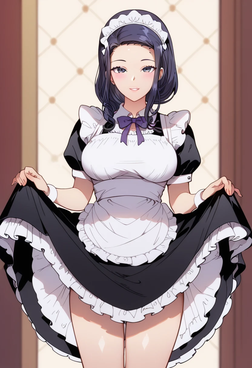 Tsubaki :  dressed as a maid, Raise your skirt.