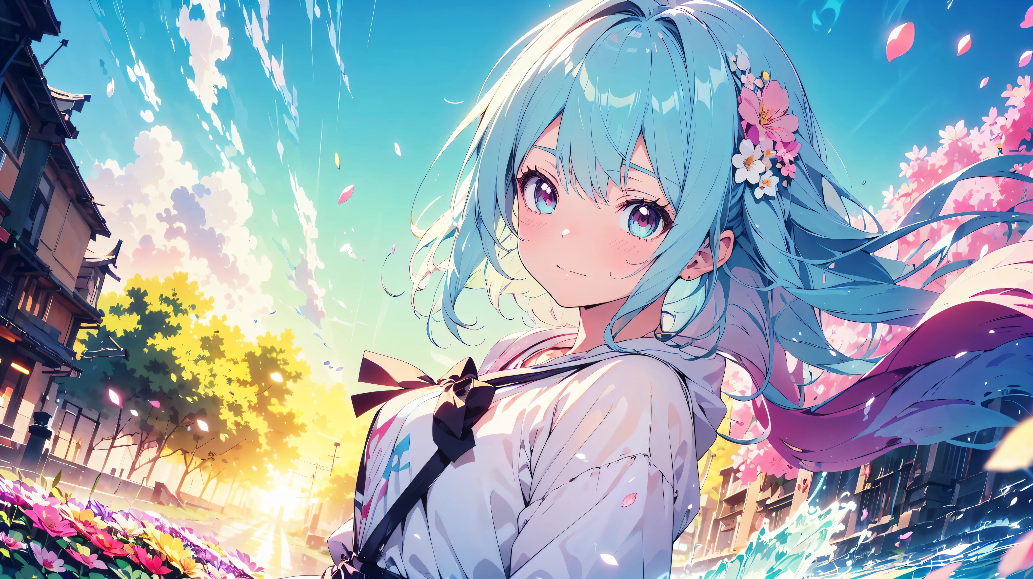 ((exquisite)), ((ultra detailed)), ((best quality)), ((Madeon)), Anime girl surrounded by flowers,  light blue hair, airy hair, (((A lot of colorful flowers))), cute,  pastel color , caustics, super detailed skin, (anime moe art style:1.3), (dynamic angle:1.3), 