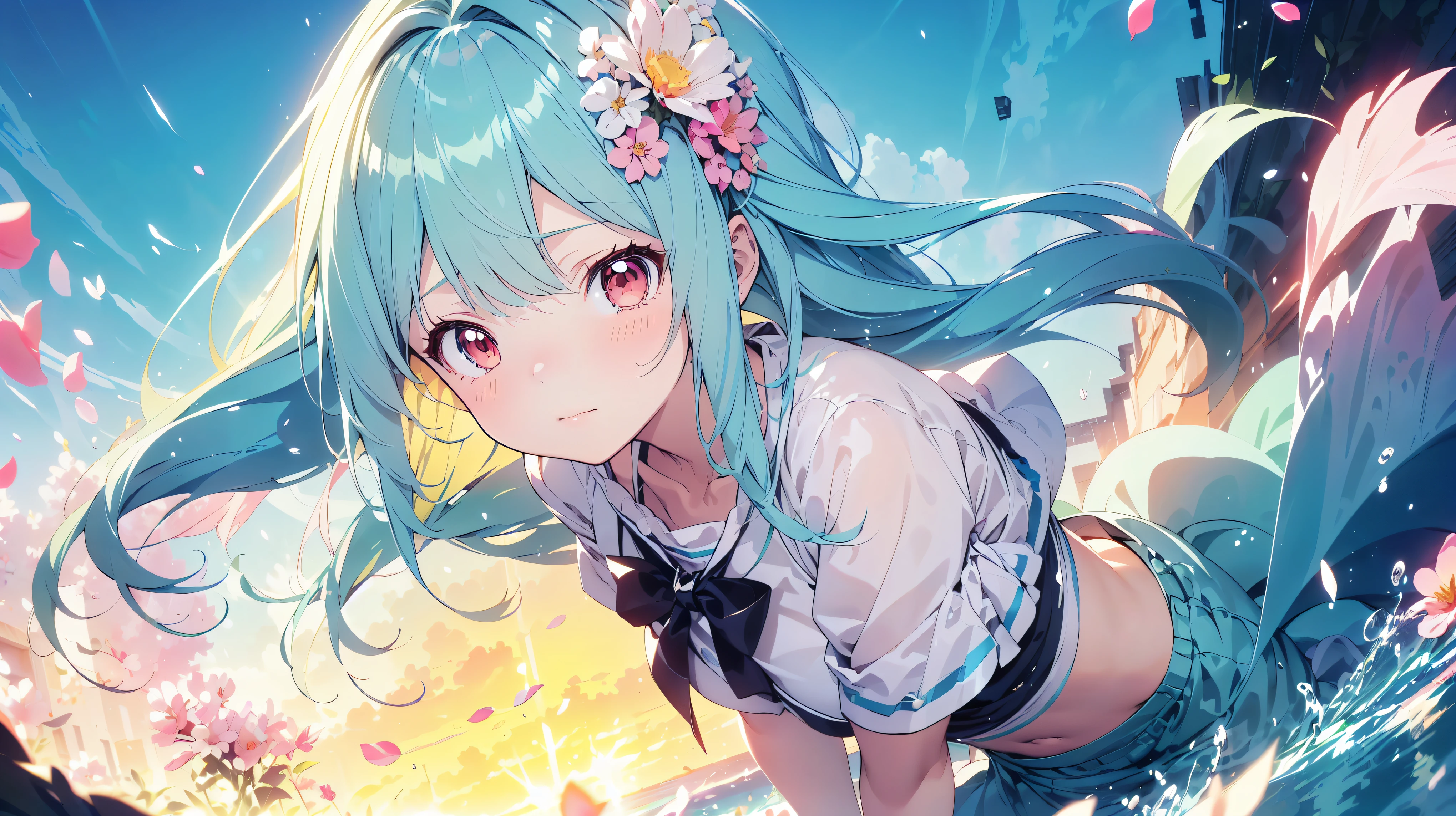 ((exquisite)), ((ultra detailed)), ((best quality)), ((Madeon)), Anime girl surrounded by flowers,  light blue hair, airy hair, (((A lot of colorful flowers))), cute,  pastel color , caustics, super detailed skin, (anime moe art style:1.3), (dynamic angle:1.3), 