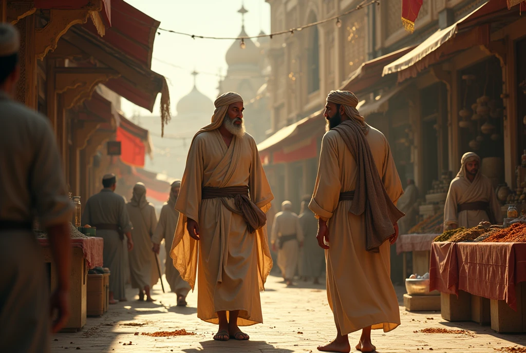 2 men from Middle Persia whispering in each other's ears behind a high gate and wall while a third man outside listens