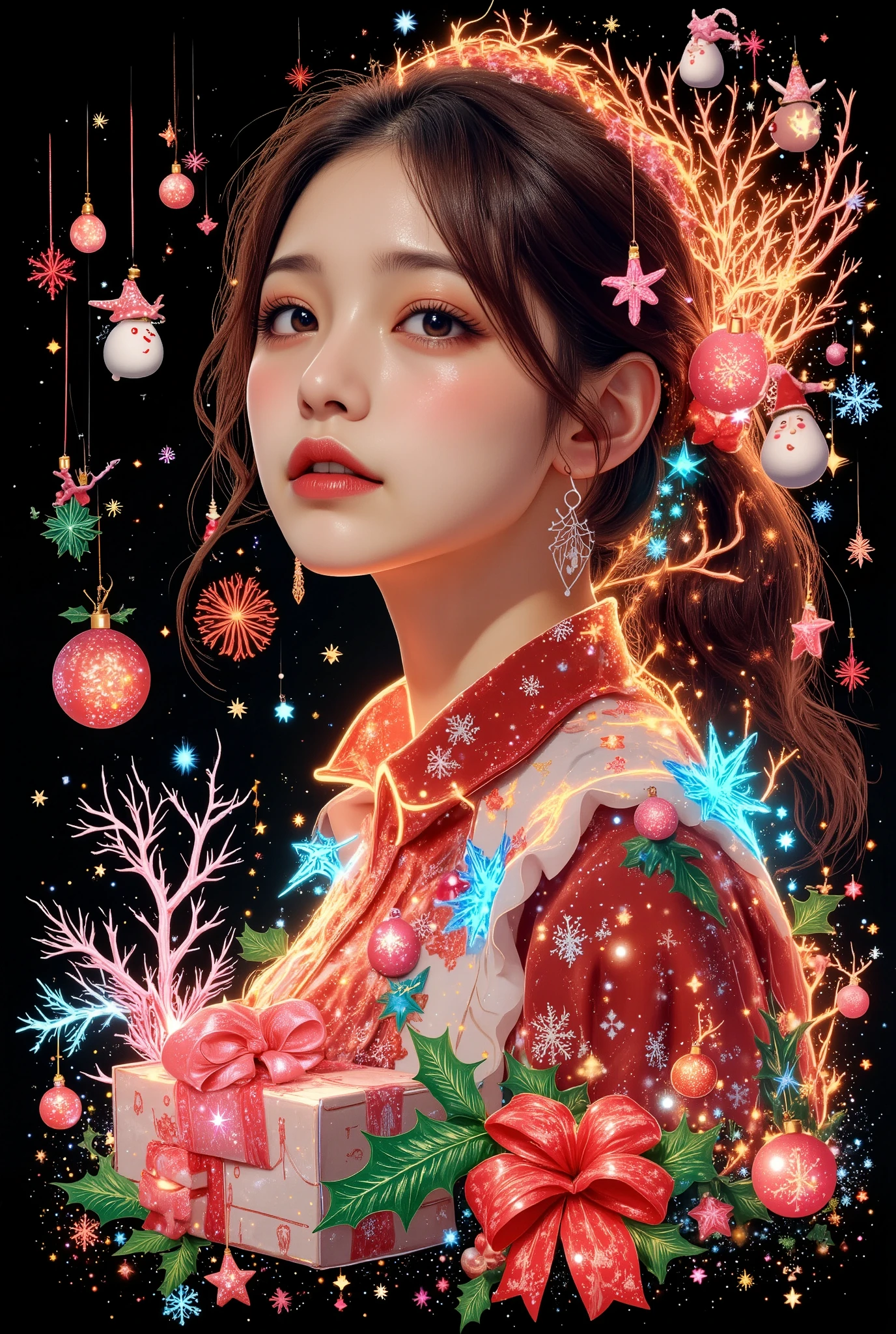 ((masterpiece, top quality, high res, highly detailed CG unified 8k wallpaper, RAW photo), a woman, solo), Multiple Exposures, overlay that combines Flame Light and Xmas, detailed art grapy, Christmas graffiti,