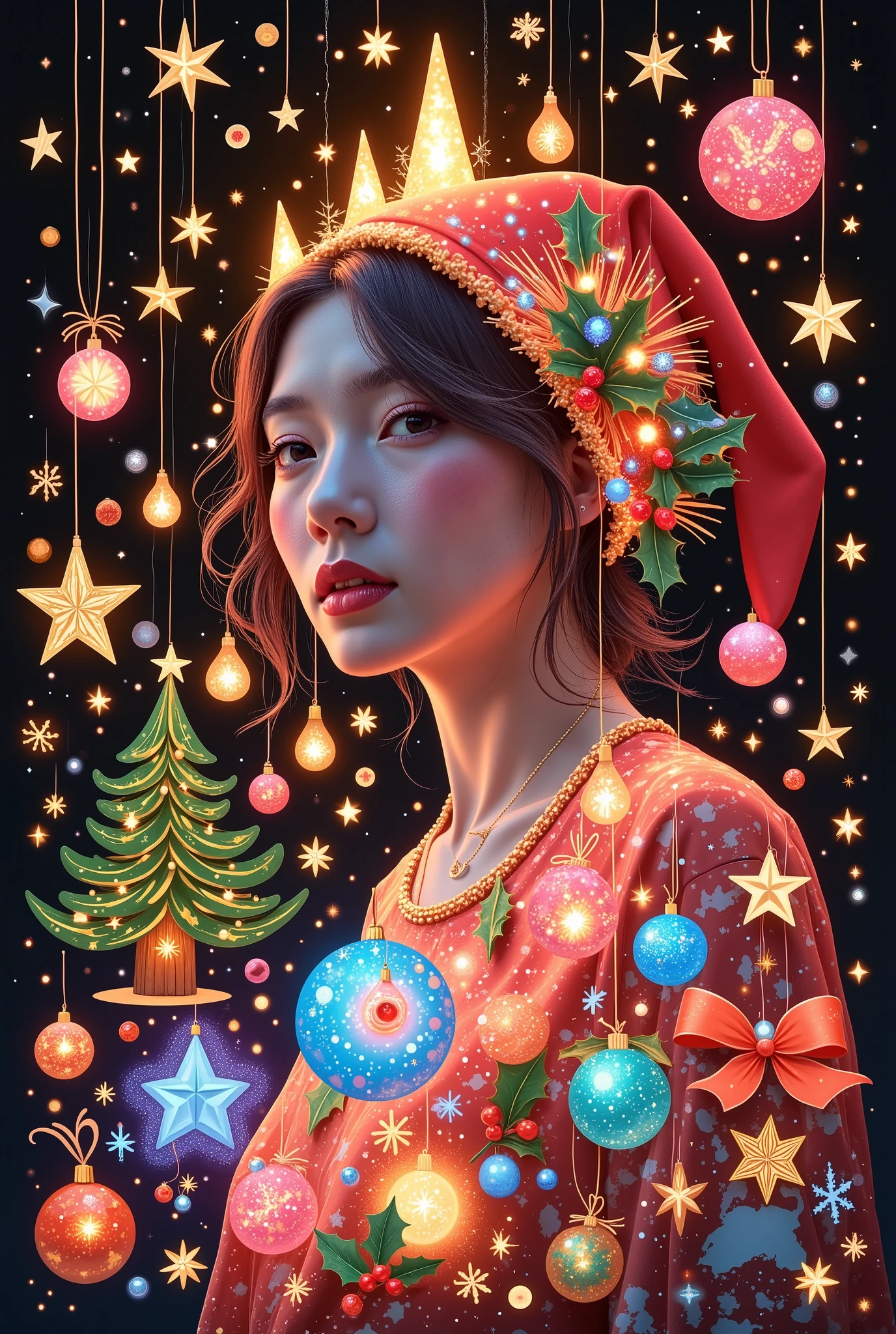 ((masterpiece, top quality, high res, highly detailed CG unified 8k image, Completely colored light holographic projection, RAW photo), a woman, solo), Multiple Exposures, overlay that combines Flame Light and Xmas, detailed art grapy, Christmas graffiti,