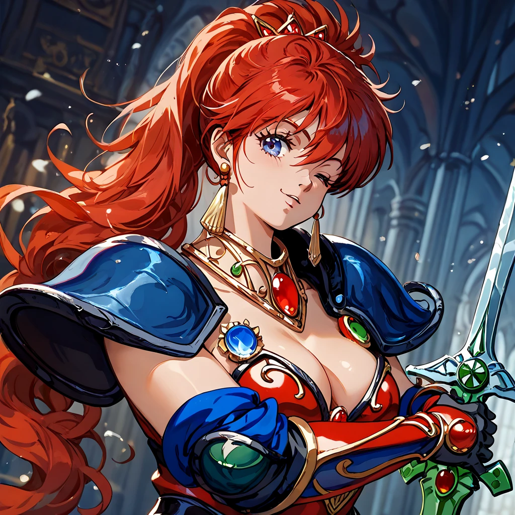 "(by yag:1.1), score_9, score_8_up, score_8, source_anime, 80s anime style, 
1girl, intricate high detailed body, 
red hair, bangs, ponytail, 
green eyes, faint lips, 
slender, medium  breasts, 
ennui, sexy face, 
bikini armor, shoulder pads, 
jewelry, sleeve, 
sexy pose, 
cowboy shot, 
indoors, tavern"