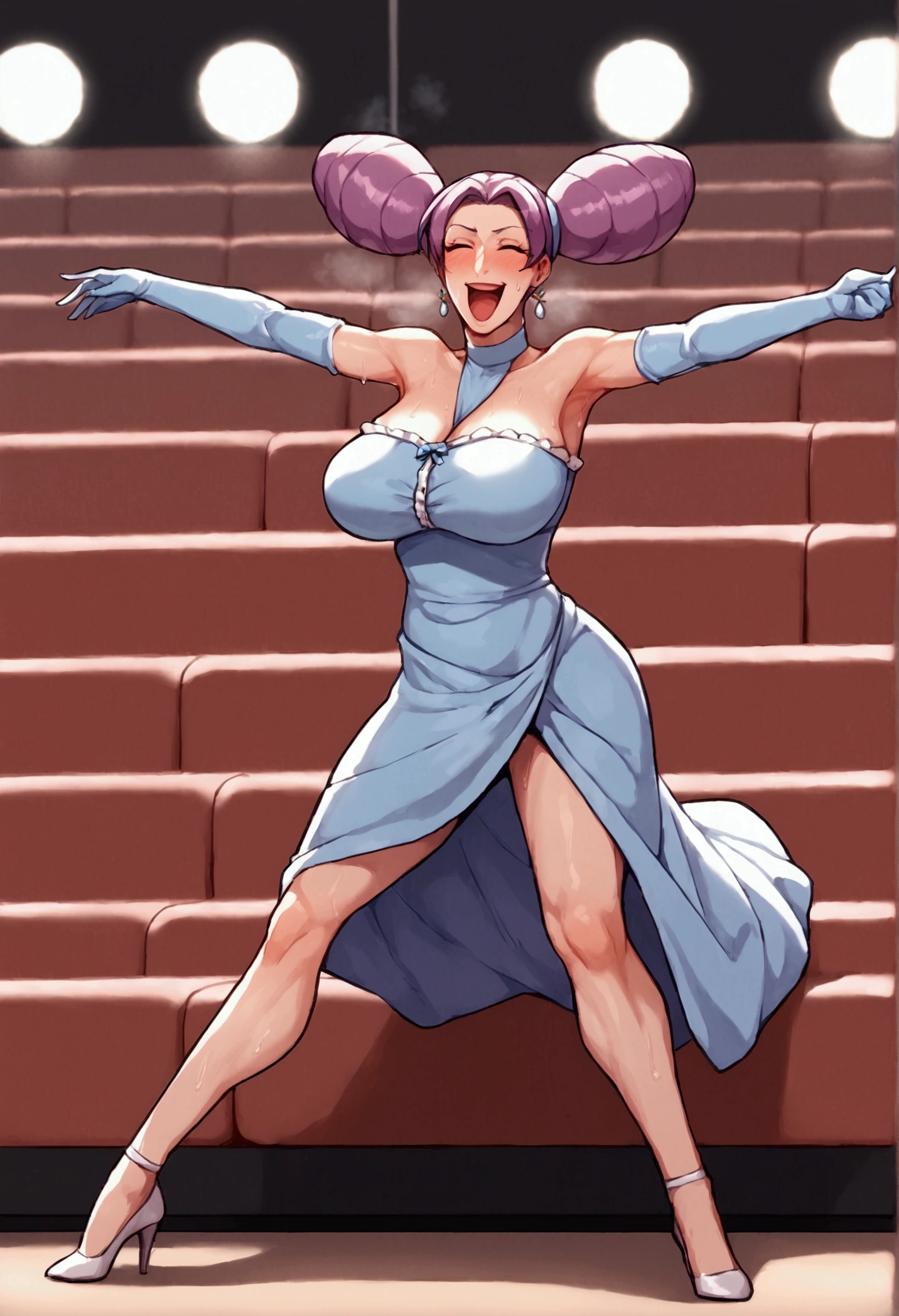 nsfw,score_9, score_8_up, score_7_up,  1 girl , blush,solo,Fantina, Dirndl ,sweat,Tall, long legs ,Armpit,Purple Hair, two twin tails,theater, on stage,elbow gloves,  mature woman,  Big Breasts,  high heels,  clevis,thighs visible, dynamic pose,  smirking ,  laughing ,open mouth,whole body, skirt grab