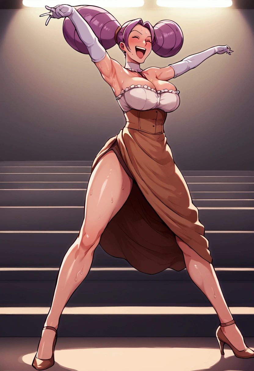 nsfw,score_9, score_8_up, score_7_up,  1 girl , blush,solo,Fantina, Dirndl ,sweat,Tall, long legs ,Armpit,Purple Hair, two twin tails,theater, on stage,elbow gloves,  mature woman,  Big Breasts,  high heels,  clevis,thighs visible, dynamic pose,  smirking ,  laughing ,open mouth,whole body, skirt grab