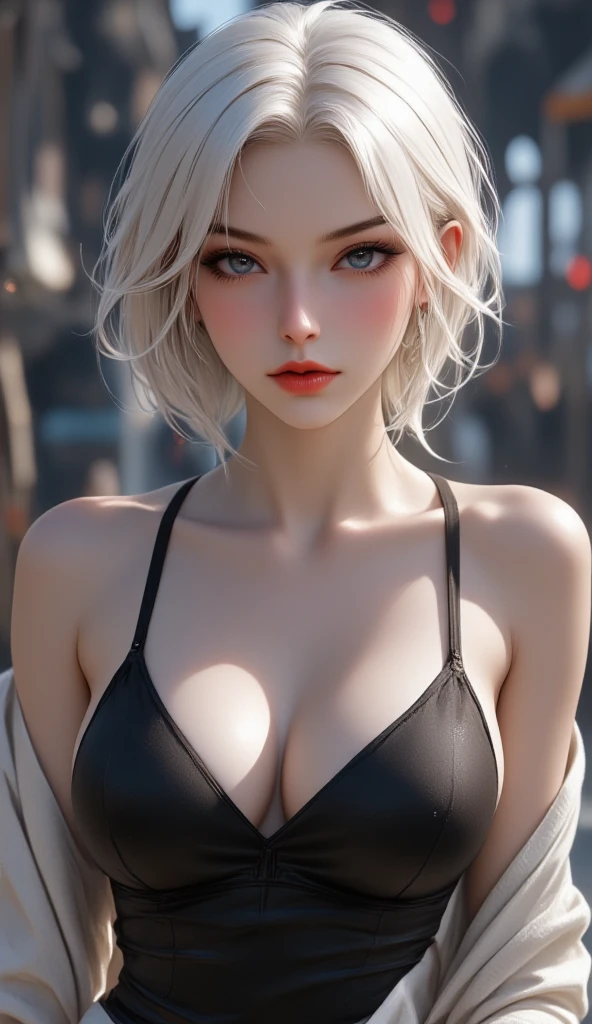 cool beauty, vivid and seductive expression, white shining glossy silky short pulled hair, superlative great body proportion, wearing jet black athlete swimsuit, professional and perfect composition, extremely delicate depiction, extremely clear image, ultra detailed, absolutely resolution, masterpiece
