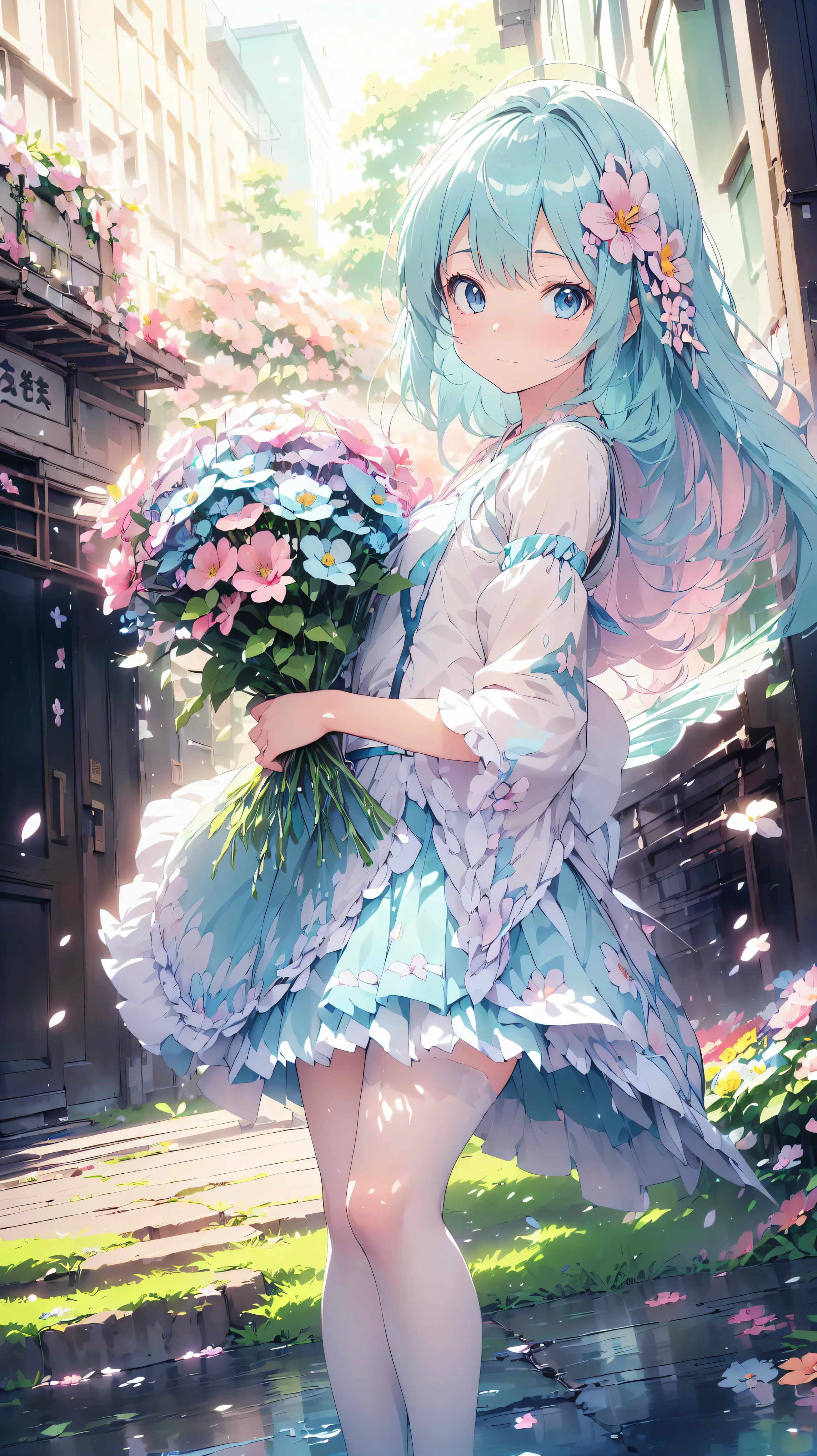 ((exquisite)), ((ultra detailed)), ((best quality)), ((Madeon)), Anime girl surrounded by flowers,  light blue hair, airy hair, (((A lot of colorful flowers))), cute,  pastel color , caustics, super detailed skin, (anime moe art style:1.3), (dynamic angle:1.3), 