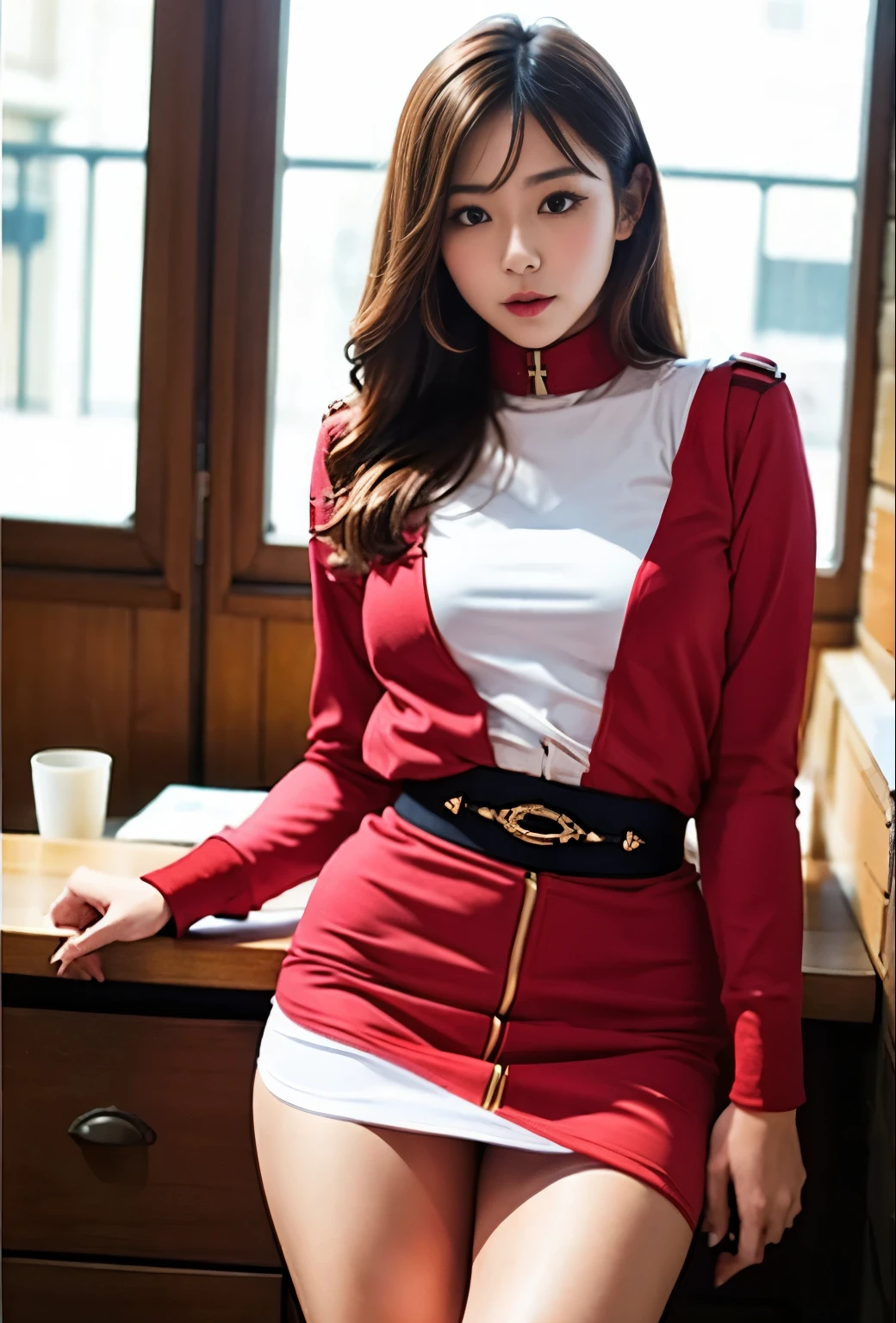 Her red miniskirt is flipped up and her white panties are visible.