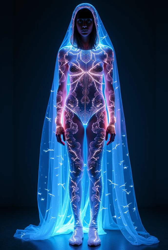 A female figure transcending dimensions, her form partly phasing into a luminous portal, surrounded by geometric patterns of light, her eyes aglow with the secrets of alternate realities.