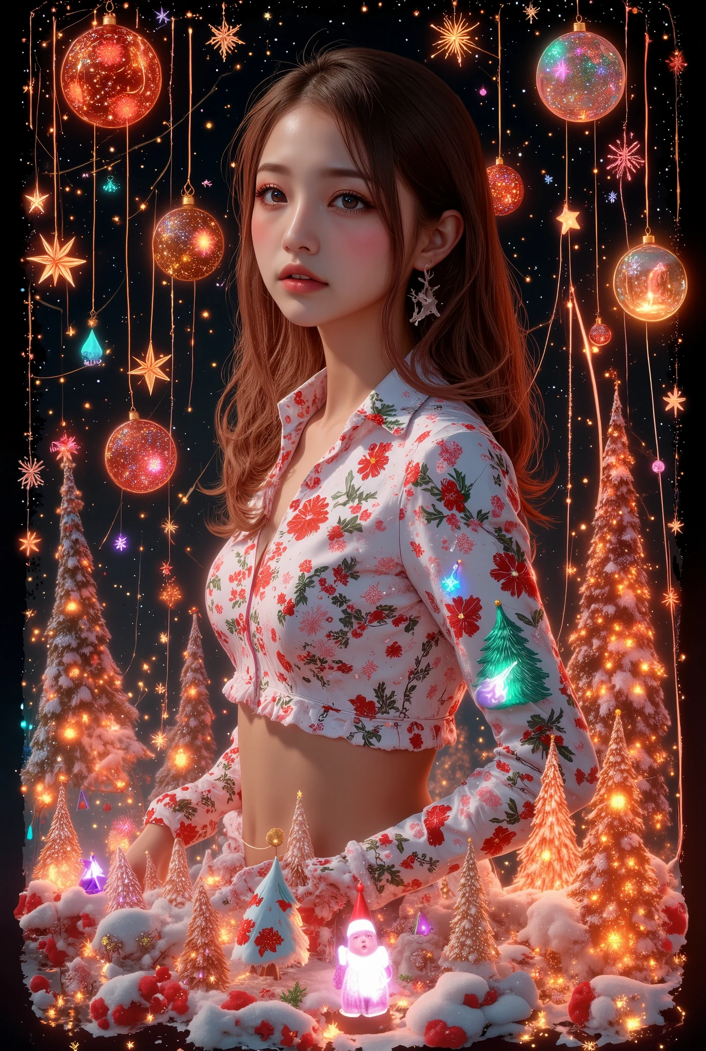 ((masterpiece, top quality, high res, highly detailed CG unified 8k wallpaper, RAW photo), a woman, solo), Multiple Exposures, overlay that combines Flame Light and Xmas, detailed art grapy, Christmas graffiti,