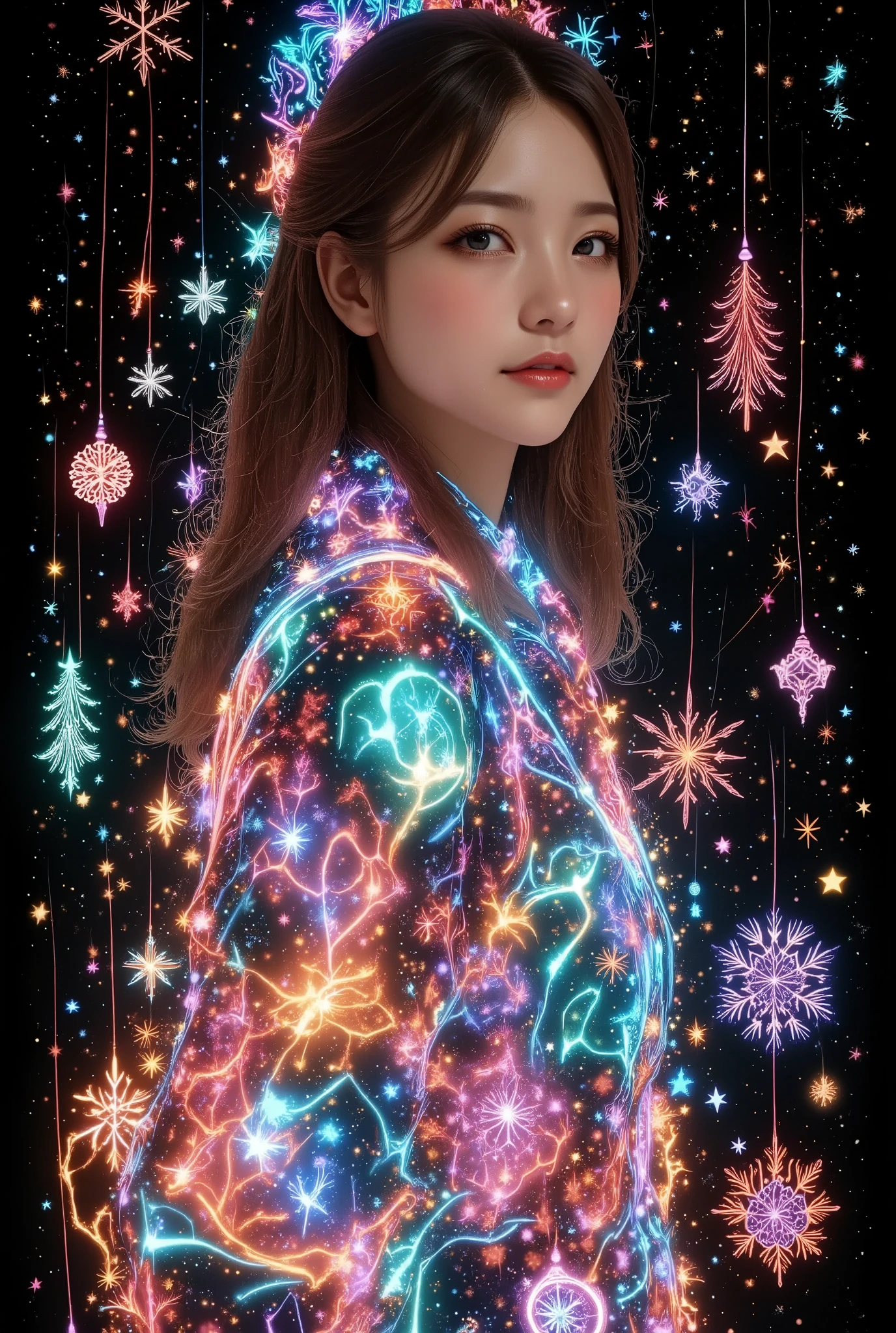 ((masterpiece, top quality, high res, highly detailed CG unified 8k image, Completely colored light holographic projection, RAW photo), a woman, solo), (Multiple Exposures, overlay that combines fine Light and Xmas, detailed art grapy, Christmas graffiti),