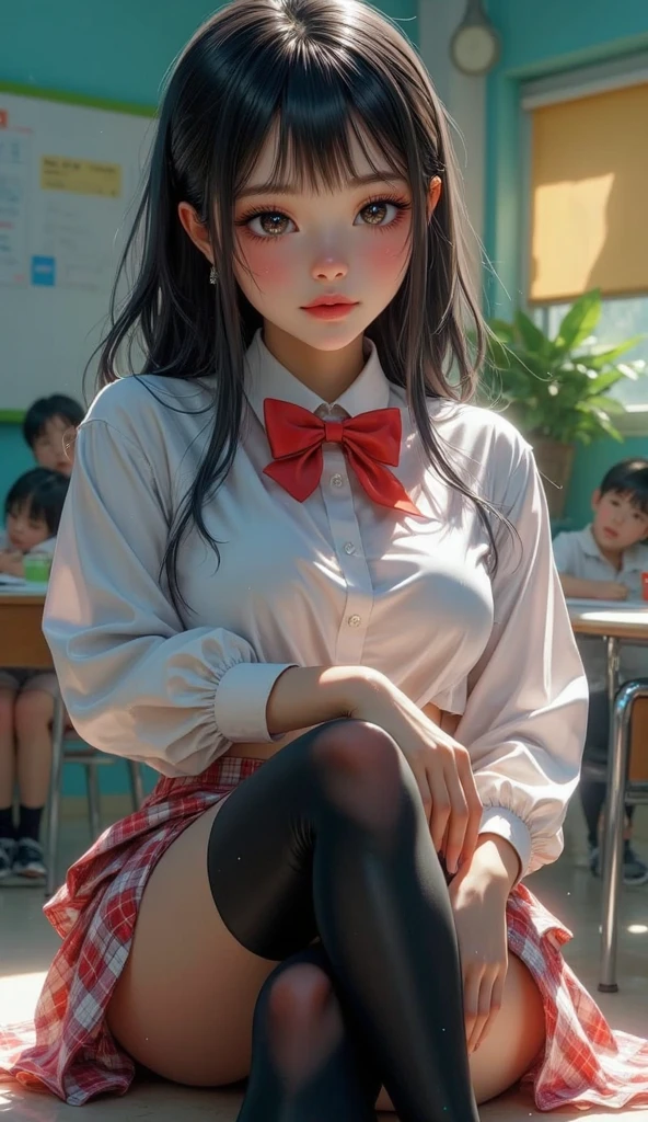 score_9, score_8_up, score_7_up, beautiful detailed (eyes, longeyelash, thigh), shiny black straight hair, blant bangs, middle breasts, vibrant colors, masterpiece, ultra detailed, highres, highest quality, hyper realistic, photo realistic: 1.37, 1girl, solo, cute young girl, headtilt, blushed, shy smile, sitting on the desk with legs dangling at classroom, wet hair, wet clothes, black thighhigh, white blouse, red neck bowtie, plaid mini skirt, white panties, cinematic angle, selfie style