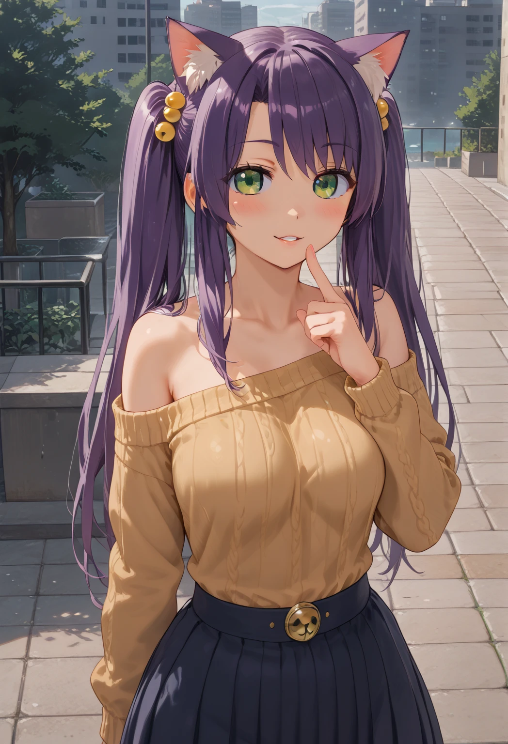 Purple Hair、 twin tails、Cat ears、
 girl、 sweater 、 muffler 、
 green eyes、snow、 night view、 long hair、 long skirt 、The skirt is brown、snowを手のひらに乗せる、一人の girl、 Illuminations