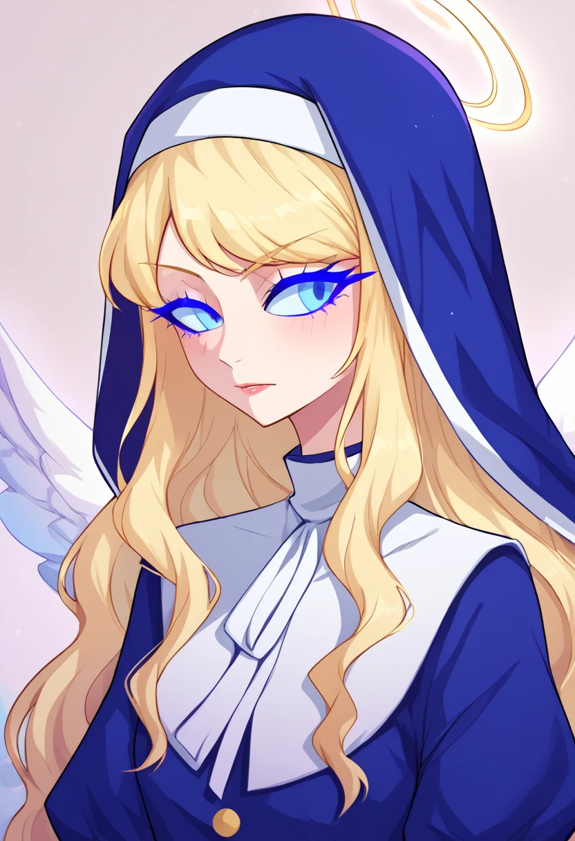 Seraphim, 1girl, long hair, wavy hair, blonde hair, light blue sclera, blue eyes, long eyelashes, colored skin, white skin, golden halo, blue nun outfit, white angel wings, humanoid, perfect anatomy, solo, (insanely detailed, beautiful detailed face, masterpiece, best quality), (sharp), score_9, score_8_up, score_7_up, score_6_up, highest quality, 8K, RAW photo, source_anime, perfect face, perfect hands, vibrant colors, upper_body