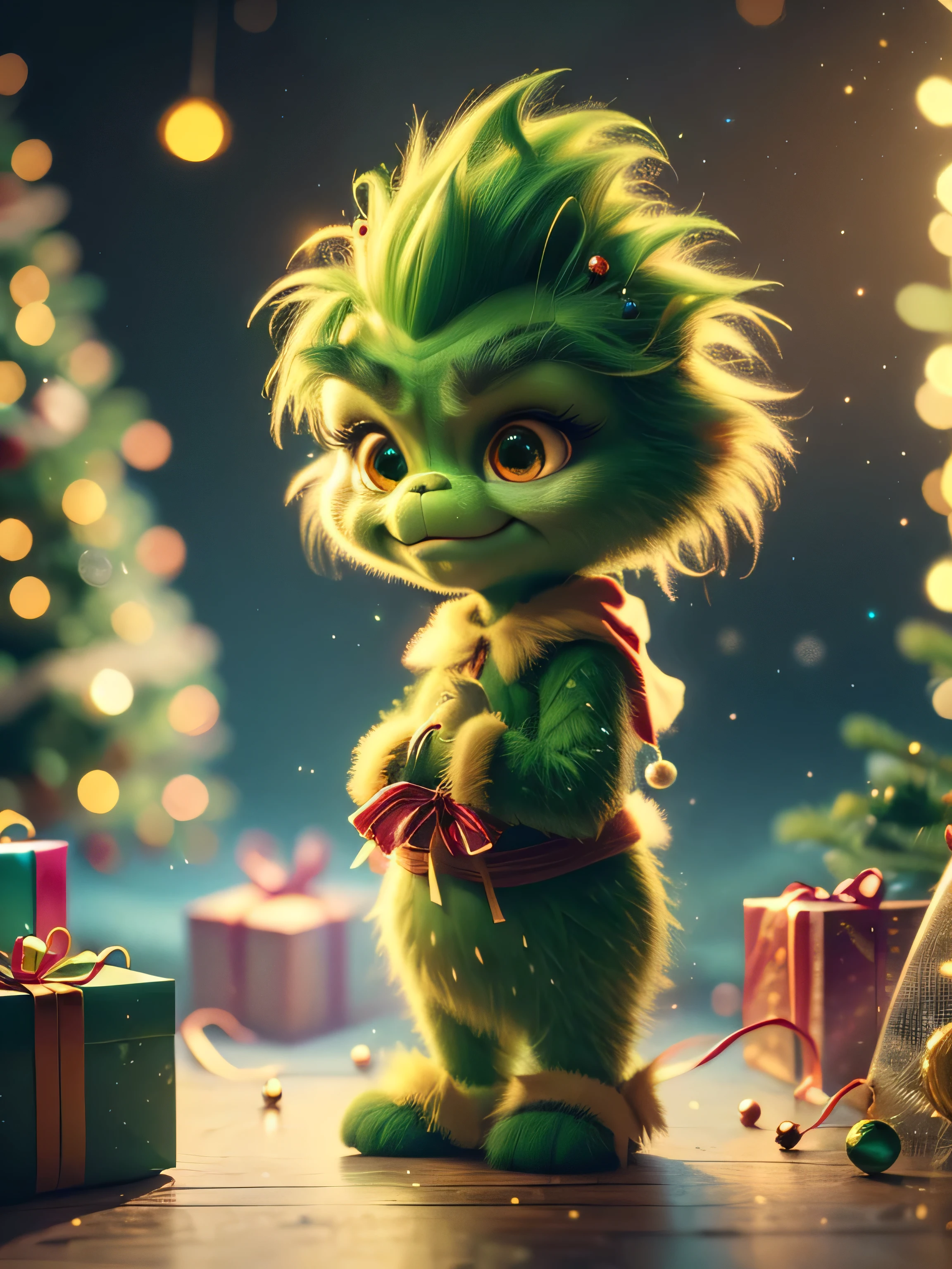 (Full Body), (Facing the Viewer) A handsome, charming Grinch. The entire scene is bathed in a soft, ethereal light, enhancing the magical and fantastical quality of the image. The Grinch should appear as a seamless part of the landscape, blending perfectly with the environment, yet maintaining distinct, realistic features that highlight his cuteness and charm. Hyperrealistic, Art Splashes, Concept Art, Medium Shot, Intricate Detail, Color Depth, Vibrant Colors, Dramatic, 2/3 Angle, Side Light, Colorful Background. Christmas Lights in the Background and a Christmas Tree. Christmas theme, blurred background, fantasy, Gouves style artwork, realism: 1.37, (super fine fantasy art), masterpiece, high quality design & accurate physics (super accurate fantasy style)) art, dark fantasy style)), super accurate design & accurate physics), color, depth of field, shadows, ray tracing, (accurate simulation of the interaction of light and materials)], intricate Christmas decorations, glowing garlands, sparkling decorations, natural light, soft background, photorealistic, sparkling eyes, sharp focus, glowing skin, cute and naughty look, hint of mischief, dreamy atmosphere, super glossy effect, fine details, soft ambient light, (Backlight: 1.3), (Cinematic: 1.2), intricate details, (ArtStation: 1.3)