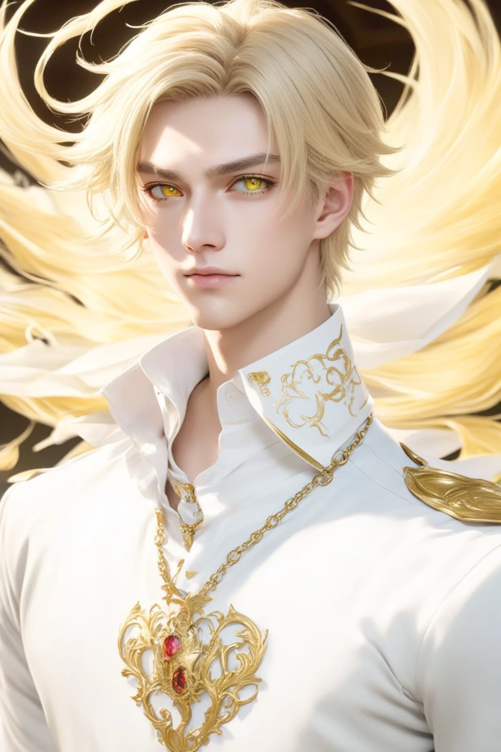 Close up of a person wearing a white shirt and a gold collar, Beautiful androgynous prince, A delicate androgynous prince,  a magical blonde prince portrait ,  John Liebert  mixed with dante,  John Liebert  mixed with alucard,  John Liebert , Demon Slayer-style handsome man, Jan J, Blonde Boy with Yellow Eyes , xqc