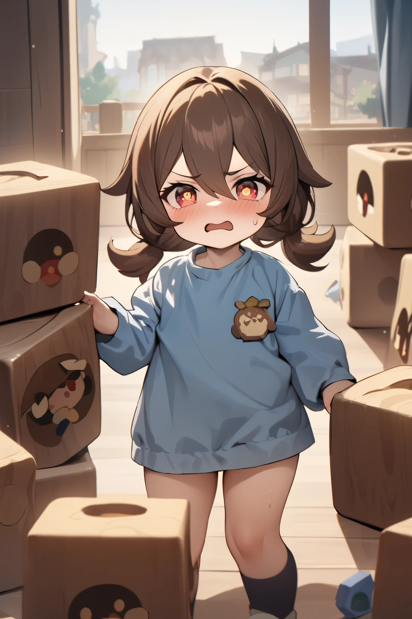 NSFW,masterpiece, top quality , high res, very detailed,walnut\(Genshin Impact\)、 long hair、bangs、Brown Hair、Red Eye、 hair between eyes、 twin tails、side lock、 symbol shaped pupil ,Kindergarten clothes,Smock,Angry face,blush, Kindergarten,Building blocks