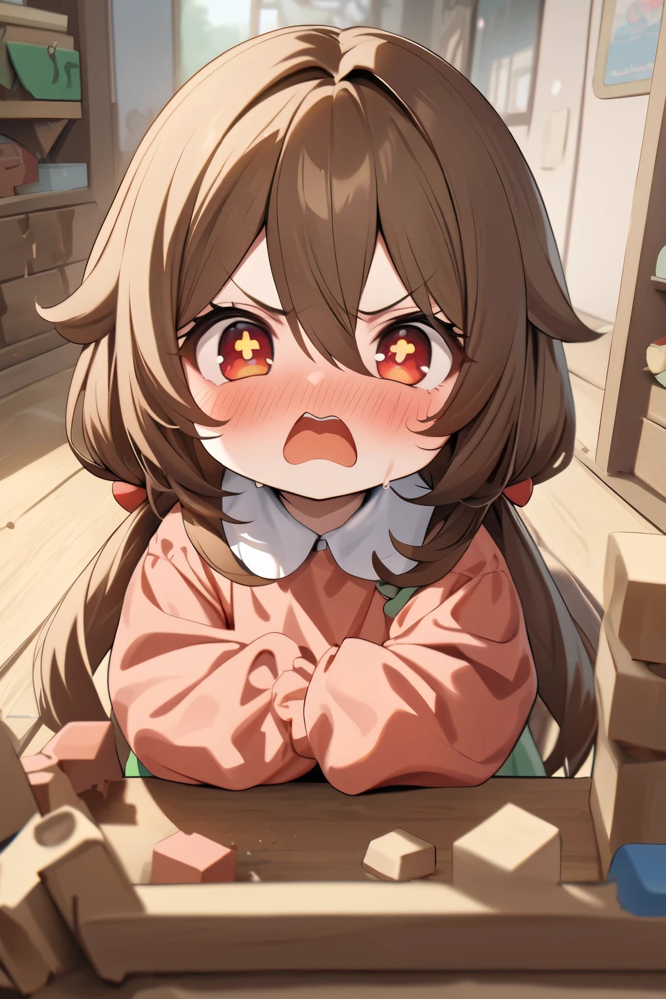 NSFW,masterpiece, top quality , high res, very detailed,walnut\(Genshin Impact\)、 long hair、bangs、Brown Hair、Red Eye、 hair between eyes、 twin tails、side lock、 symbol shaped pupil ,Kindergarten clothes,Smock,Angry face,blush, Kindergarten,Building blocks