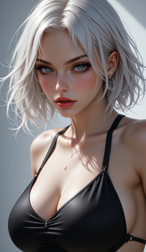 cool beauty, vivid and seductive expression, white shining glossy silky short pulled hair, wearing jet black athlete swimsuit, professional and perfect composition, extremely delicate depiction, extremely clear image, ultra detailed, absolutely resolution, masterpiece