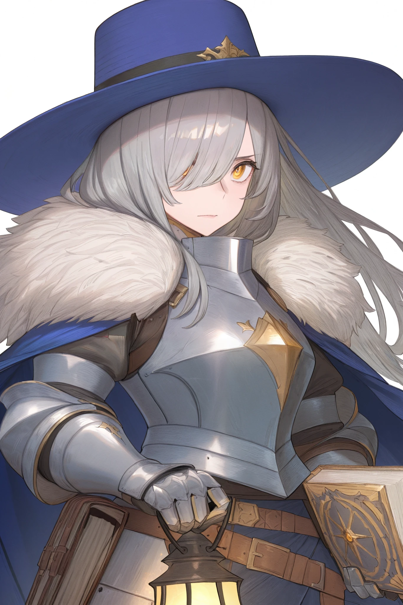 masterpiece, best quality, amazing quality, very aesthetic, high resolution, sketch,
kdmstyle, 1girl, solo, long hair, simple background, gloves, hat, white background, holding, closed mouth, yellow eyes, upper body, weapon, grey hair, belt, cape, armor, hair over one eye, orange eyes, fur trim, shoulder armor, gauntlets, blue headwear, lantern, breastplate, blue cape, holding book, 
