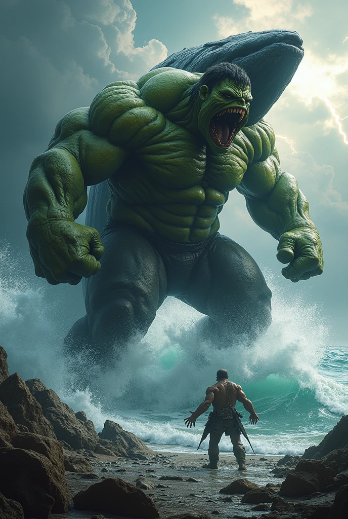 Realist, personality: [Illustrate a wide shot of Hulk and Wonder Woman about to board a gondola. The peaceful and serene atmosphere is shattered as the water beneath them churns and froths. A massive mechanical sea serpent bursts out of the water, piloted by a villain from another dimension. The scene should convey a sense of surprise and impending danger.] unreal engine, hyper real --q 2 --v 5.2 --ar 16:9