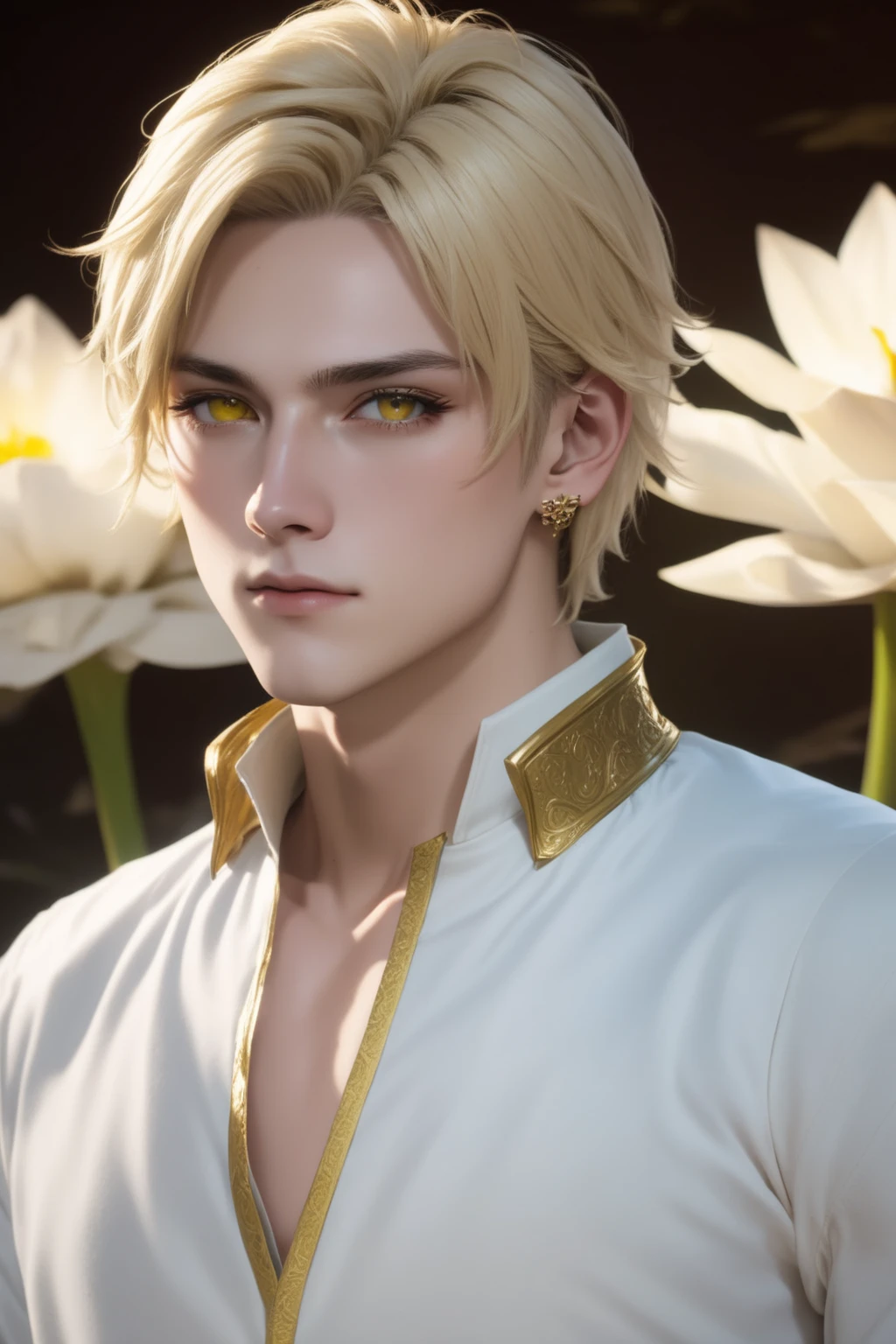 Close up of a person wearing a white shirt and a gold collar, Beautiful androgynous prince, A delicate androgynous prince,  a magical blonde prince portrait ,  John Liebert  mixed with dante,  John Liebert  mixed with alucard,  John Liebert , Demon Slayer-style handsome man, Jan J, Blonde Boy with Yellow Eyes , xqc