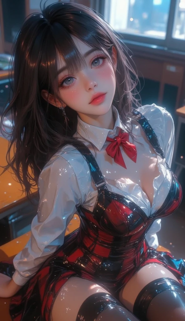 score_9, score_8_up, score_7_up, beautiful detailed (eyes, longeyelash, thigh), shiny black straight hair, blant bangs, middle breasts, vibrant colors, masterpiece, ultra detailed, highres, highest quality, hyper realistic, photo realistic: 1.37, 1girl, solo, cute young girl, headtilt, blushed, shy smile, sitting on the desk with legs dangling at classroom, wet hair, wet clothes, black thighhigh, white blouse, red neck bowtie, plaid mini skirt, white panties, cinematic angle, selfie style