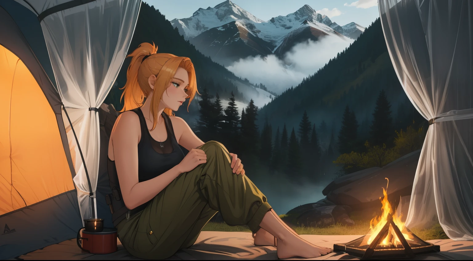 "A picturesque camping scene on a misty mountain during the rainy season, capturing a cozy and adventurous atmosphere. A young woman with blonde-red hair tied in a sleek ponytail is sitting near a modern campfire with a warm, glowing flame, surrounded by high-tech yet nature-inspired camping gear. She wears a long brown tank top and rugged cargo pants, blending comfort and functionality. The tent is open, revealing a cozy interior with minimalist yet stylish equipment. Soft rain falls, creating glistening droplets on the lush green foliage, while the distant view showcases rolling mountains cloaked in clouds. The lighting is warm and natural, evoking a peaceful and intimate connection with nature."