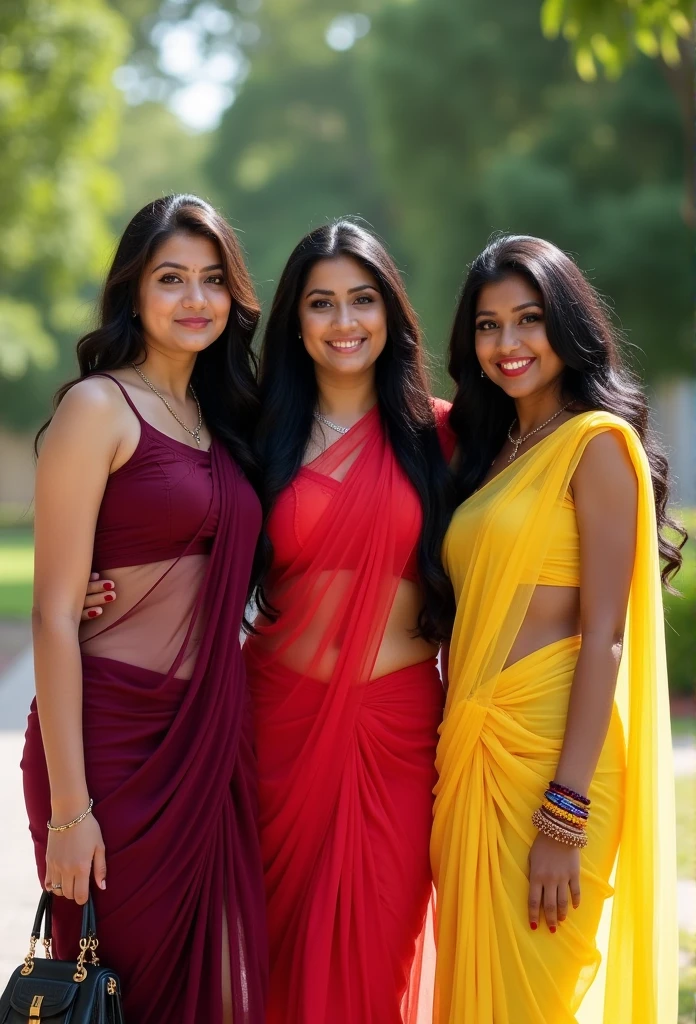 3 indian college girls,white skin, posing for farewell, infront of college department, bright sunny day, one in left wearing wine see through saree, sleeveless blouse, 32dd breasts, fair skin, navel visible(wearing waist chain), one in centre is wearing red transparent saree,thick body,shiny black hair, one in left is wearing yellow coloured seethroughsaree, oily body, bangles in hand, wearing handbag, bright sunny day, green garden, college students happy face, intricate details, 8k images, 70mm photography