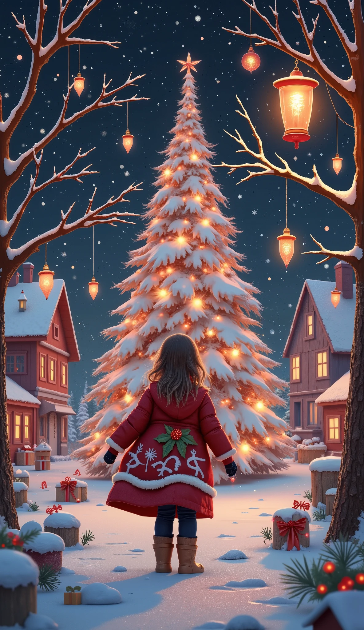 There is a girl standing in front of a christmas tree - SeaArt AI