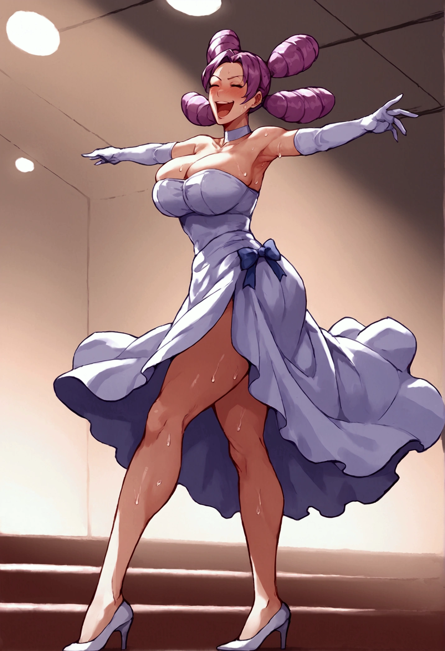 nsfw,score_9, score_8_up, score_7_up,  1 girl , blush,solo,Fantina, Dirndl ,sweat,Tall, long legs ,Armpit,Purple Hair, two twin tails,,white skin,  theater, on stage,elbow gloves,  mature woman,  Big Breasts,  high heels,  clevis,thighs visible, dynamic pose,  smirking ,  laughing ,open mouth,whole body, 