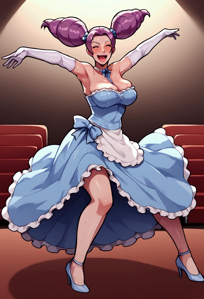 nsfw,score_9, score_8_up, score_7_up,  1 girl , blush,solo,Fantina, Dirndl ,sweat,Tall, long legs ,Armpit,Purple Hair, two twin tails,,white skin,  theater, on stage,elbow gloves,  mature woman,  Big Breasts,  high heels,  clevis,thighs visible, dynamic pose,  smirking ,  laughing ,open mouth,whole body, 