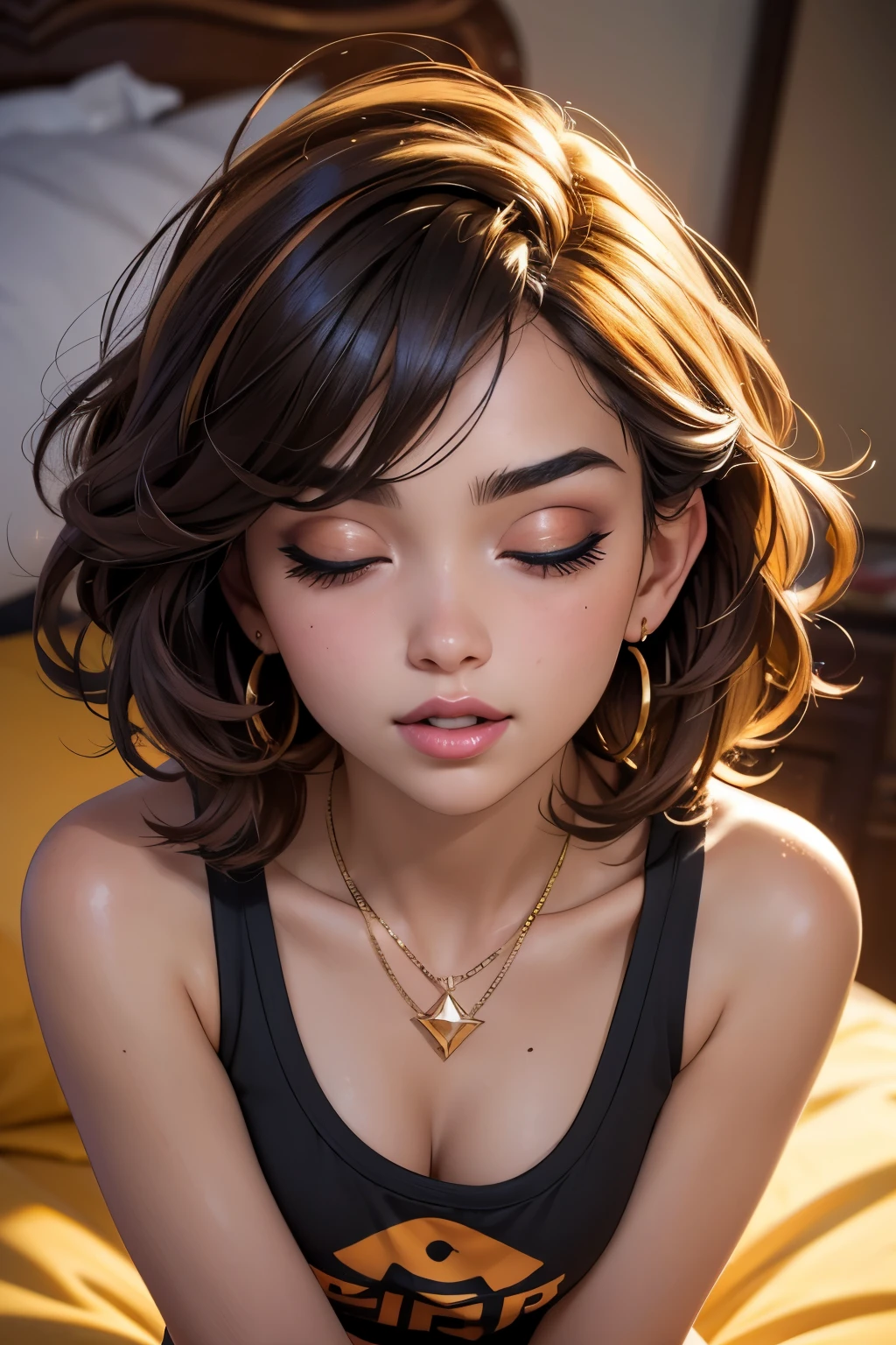 Amazing portrait of the upper body of a young woman who is 20 years old with a beautiful and highly detailed face and skin texture with fine brown eyes with double eyelid and thin eyebrows and glitter eyeliner with natural cheeks and shiny skin wearing an loose orange t shirt and yellow short shorts paired with a sparkly necklace and earrings with glossy lips parted in an enchanting smile with black short bob hair with focus on her chest and face with this upper body shot and her t shirt showcasing her bare shoulders and small breasts lying down on bed