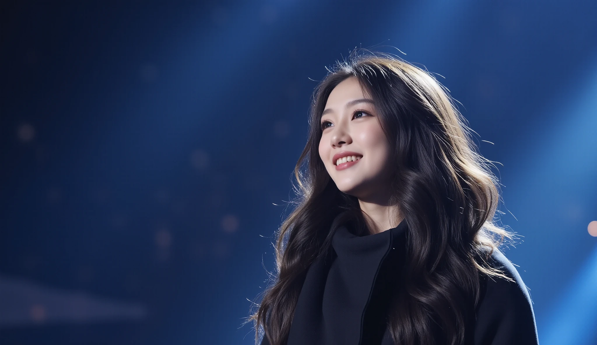 Gorgeous chinese model, gorgeous young korean woman, beautiful south korean woman, young sensual gravure idol, young sensual graceful. Show her in her usual self on a concert performance, 1. standing up, 2. winter clothing with jacket on. 3. smiling happily at the audience and singing with her eyes open. 4. we can see her fans cheering for her.