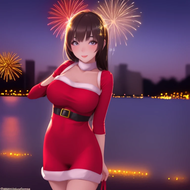 A cute woman (cute, age 22, sexy Christmas outfit, sparkles in eyes), near on the shore of a lake in a Bangkok park at night, flirting with viewer, fireworks light up the night
