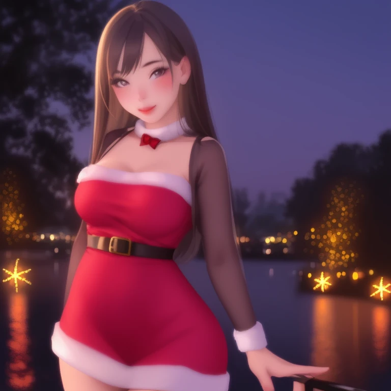 A cute woman (cute, age 22, sexy Christmas outfit, sparkles in eyes), near on the shore of a lake in a Bangkok park at night, flirting with viewer, fireworks light up the night
