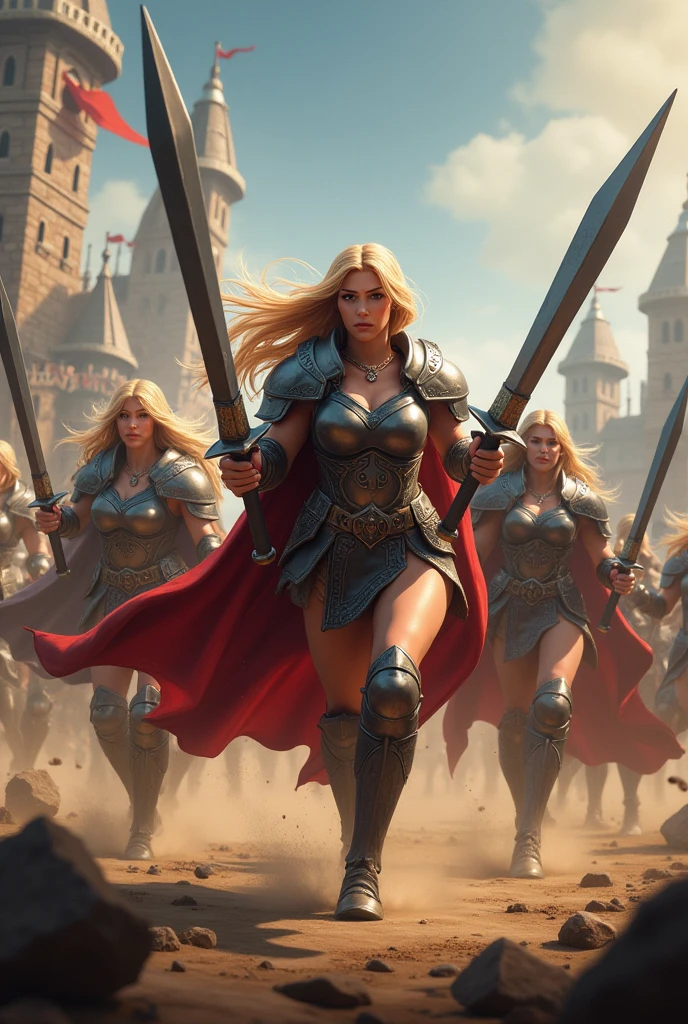masterpiece,8k,ultra-detailed,best quality,battlefield,(background:the warriors are fighting,red warriors,green warriors,jumping,hack,slash),(middle ground:queens are fighting,blonde hair queen,Amber Heard,black hair queen,Park Bo-young,Fighting Pose),The lighting is dark and gloomy,exquisite golden armor,exquisite golden crown,exquisitely carved silver sword,exquisitely eagle helmet.