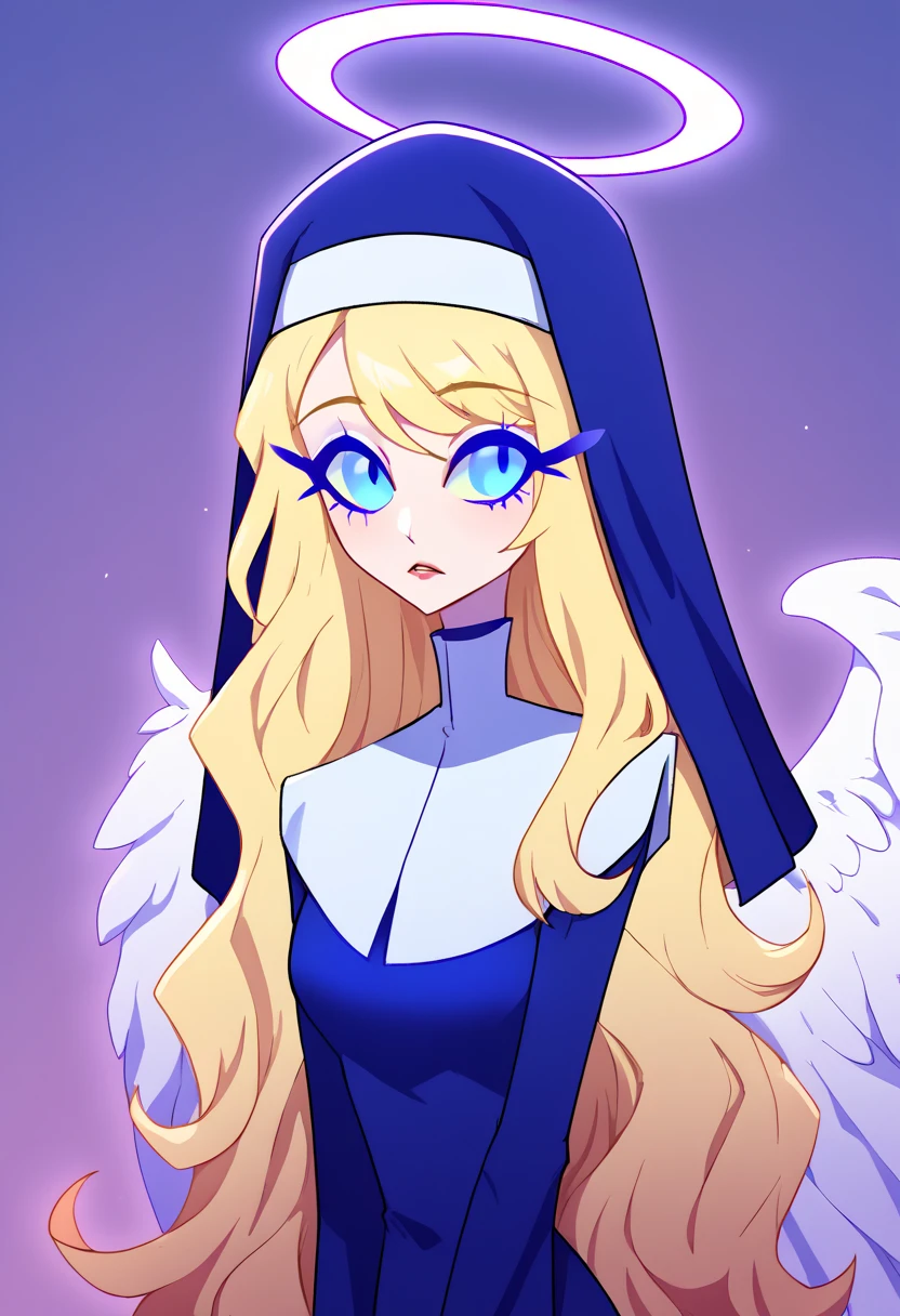 Seraphim, 1girl, long hair, wavy hair, blonde hair, light blue sclera, blue eyes, long eyelashes, colored skin, white skin, golden halo, blue nun outfit, white angel wings, humanoid, perfect anatomy, solo, (insanely detailed, beautiful detailed face, masterpiece, best quality), (sharp), score_9, score_8_up, score_7_up, score_6_up, highest quality, 8K, RAW photo, source_anime, perfect face, perfect hands, vibrant colors, upper_body