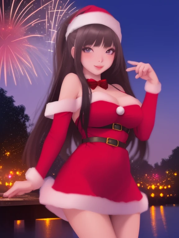 A cute woman (cute, age 22, sexy Christmas outfit, sparkles in eyes), near on the shore of a lake in a Bangkok park at night, flirting with viewer, fireworks light up the night
