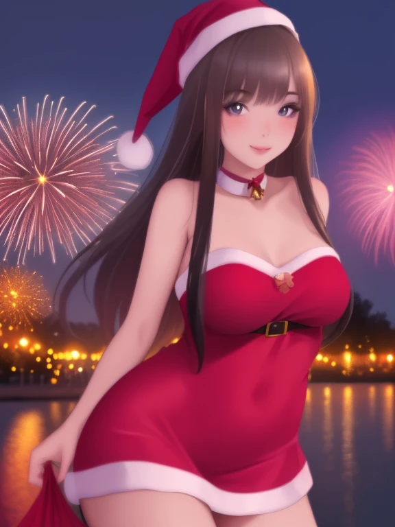 A cute woman (cute, age 22, sexy Christmas outfit, sparkles in eyes), near on the shore of a lake in a Bangkok park at night, flirting with viewer, fireworks light up the night
