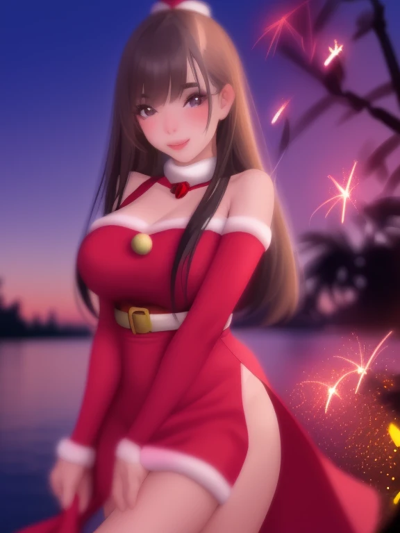 A cute woman (cute, age 22, sexy Christmas outfit, sparkles in eyes), near on the shore of a lake in a Bangkok park at night, flirting with viewer, fireworks light up the night
