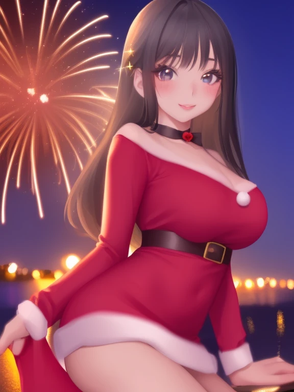 A cute woman (cute, age 22, sexy Christmas outfit, sparkles in eyes), near on the shore of a lake in a Bangkok park at night, flirting with viewer, fireworks light up the night
