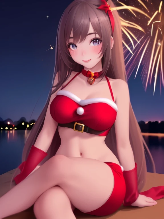 A cute woman (cute, age 22, sexy Christmas outfit, sparkles in eyes), near on the shore of a lake in a Bangkok park at night, flirting with viewer, fireworks light up the night
