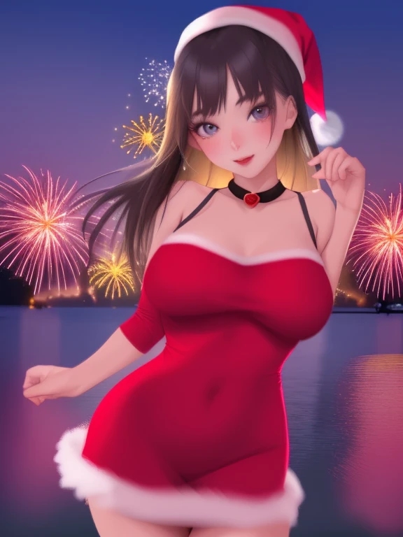 A cute woman (cute, age 22, sexy Christmas outfit, sparkles in eyes), near on the shore of a lake in a Bangkok park at night, flirting with viewer, fireworks light up the night
